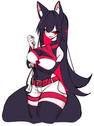 Rule 34 | 1girl, animal ear fluff, animal ears, arm under breasts, bare shoulders, belt, black hair, fox ears, fox girl, highres, inako (usa37107692), leotard, long hair, looking at viewer, navel, original, red eyes, shorts, skin tight, smile, thick thighs, thighhighs, thighs, usa37107692, wide hips, zettai ryouiki