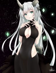 Rule 34 | 1girl, asymmetrical horns, bare shoulders, black dress, black pants, breasts, center opening, cleavage, covered erect nipples, demon girl, demon horns, dress, gem, green eyes, hands on own chest, highres, horns, large breasts, long hair, looking at viewer, original, pants, signature, solo, suzume (simple0091), tail, turtleneck, uneven horns, very long hair, white hair