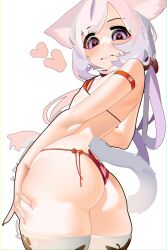 Rule 34 | 1girl, absurdres, animal ears, animal print, ass, azur lane, bikini, blush, bow, cat ears, cat tail, closed mouth, flandre (azur lane), from behind, from below, grabbing own thigh, hair bow, heart, heart-shaped pupils, highres, looking at viewer, low twintails, medium hair, naxius noxy, pink nails, purple eyes, red bikini, red bow, simple background, skindentation, solo, swimsuit, symbol-shaped pupils, tail, thighhighs, twintails, white background, white hair, white thighhighs