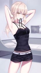 Rule 34 | 1girl, armpits, arms behind head, arms up, artoria pendragon (all), artoria pendragon (fate), bare shoulders, bed, belt, black camisole, black ribbon, black shorts, blonde hair, blurry, blurry background, blush, breasts, camisole, collarbone, fate/grand order, fate/stay night, fate (series), hair between eyes, highres, jewelry, long hair, low ponytail, meltymaple, mouth hold, necklace, official alternate costume, pale skin, ribbon, saber alter, saber alter (ver. shinjuku 1999) (fate), short shorts, shorts, sidelocks, small breasts, solo, thighs, tying hair, white belt, yellow eyes