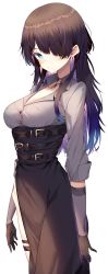 Rule 34 | 1girl, absurdres, belt, black gloves, black hair, blue eyes, blush, breasts, choker, cleavage, closed mouth, collared shirt, gloves, hair over one eye, highres, jun (aousa0328), large breasts, long hair, long sleeves, looking at viewer, original, shirt, simple background, solo, white background, white shirt