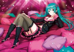 Rule 34 | 1girl, aqua eyes, aqua hair, bed sheet, belt, belt buckle, black footwear, black jacket, black skirt, blush, boots, breasts, brown thighhighs, buckle, butterfly hair ornament, cleavage, closed mouth, collarbone, crossed legs, full body, garter straps, glint, hair ornament, hand up, hatsune miku, high heel boots, high heels, highres, honey whip (module), jacket, knee boots, layered skirt, long hair, long sleeves, looking at viewer, lying, navel, on back, on bed, pillow, project diva (series), saitou masatsugu, skirt, small breasts, smile, solo, sparkle, sweet devil (vocaloid), tareme, thighhighs, twintails, very long hair, vocaloid