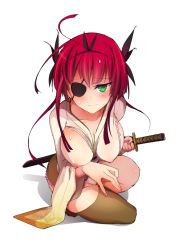 Rule 34 | 1girl, bad id, bad pixiv id, blush, breasts, eyepatch, female focus, green eyes, holding, holding sword, holding weapon, large breasts, leaning forward, looking at viewer, nipples, one breast out, red hair, simple background, sitting, solo, sweat, sword, thighhighs, waero, wardrobe malfunction, weapon, white background