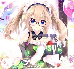 Rule 34 | 1girl, 9-nine-, bare shoulders, black collar, black dress, black ribbon, blush, box, breasts, cleavage, closed mouth, collar, commentary request, detached collar, dress, eyelashes, eyes visible through hair, flower, gift, gift box, glasses, hair between eyes, highres, holding, holding gift, imoe (1017933989), indoors, kujou miyako, large breasts, light brown hair, long hair, looking at viewer, maid, maid headdress, neck ribbon, official alternate costume, official alternate hairstyle, open mouth, red-framed eyewear, red flower, red rose, ribbon, rose, sidelocks, smile, solo, straight-on, twintails, upper body, variant set, wavy hair