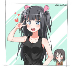 Rule 34 | 2girls, :d, aro 1801, bang dream!, black hair, black tank top, blue eyes, blunt bangs, breasts, buttons, cleavage, collarbone, double-breasted, hair ornament, hair ribbon, hairclip, hanasakigawa school uniform, highres, jitome, long hair, long sleeves, looking at another, looking at viewer, miori (aro 1801), multiple girls, neck ribbon, no mouth, okusawa misaki, open mouth, original, pink ribbon, red neckwear, ribbon, school uniform, smile, sweatdrop, tank top, twitter username, two side up, upper body, v, v over eye