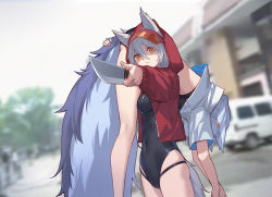 Rule 34 | 2girls, aiming, aiming at viewer, animal ears, arknights, bikini, black bikini, blurry, blurry background, breasts, carrying over shoulder, casual one-piece swimsuit, corrupted metadata, covered navel, cowboy shot, cropped jacket, depth of field, ears through headwear, extra ears, grey hair, hair between eyes, highleg, highleg swimsuit, holding, holding knife, hood, hood up, hooded jacket, jacket, kneepits, knife, looking at viewer, multiple girls, nian (zhanian), official alternate costume, one-piece swimsuit, outdoors, projekt red (arknights), projekt red (light breeze) (arknights), provence (arknights), provence (casual vacation) (arknights), purple hair, red jacket, short sleeves, small breasts, swimsuit, tail, unconscious, visor, weapon, white jacket, wolf ears, wolf girl, wolf tail, yellow eyes