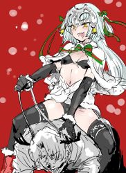 Rule 34 | 1boy, 1girl, antlers, ball gag, bell, black bra, black gloves, black panties, black thighhighs, blush, boots, bow, bowtie, bra, breasts, capelet, elbow gloves, eyebrows, fate/grand order, fate (series), femdom, fur trim, gag, gloves, green bow, green bowtie, green ribbon, grey hair, hair bell, hair bow, hair ornament, hair ribbon, headpiece, highres, horns, jeanne d&#039;arc (fate), jeanne d&#039;arc (ruler) (fate), jeanne d&#039;arc alter (fate), jeanne d&#039;arc alter santa lily (fate), jingle bell, leash, long hair, matou shinji, no eyes, open mouth, osakana (denpa yun&#039;yun), panties, red bow, red bowtie, red footwear, reindeer antlers, reins, ribbon, riding, ruler (fate/grand order), saliva, santa costume, simple background, sitting, sitting on person, sketch, small breasts, smile, snow, striped bow, striped bowtie, striped clothes, striped neckwear, striped ribbon, thighhighs, underwear, yellow eyes