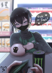 Rule 34 | 1girl, apron, artist logo, black hair, black mask, black sweater, blonde hair, blue eyes, blurry, blurry background, breasts, can, covered erect nipples, energy drink, exhibitionism, green apron, heart, highres, large breasts, mask, mole, mole under eye, monster energy, mouth mask, multicolored hair, nyaxxy, one breast out, original, pasties, pov, public indecency, short hair, skull pasties, speech bubble, streaked hair, sweater, trick or treat, turtleneck, turtleneck sweater, upper body, wallet