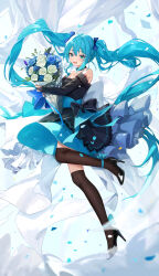 Rule 34 | 1girl, absurdres, aqua eyes, aqua hair, black bow, black dress, black footwear, blue background, blue flower, blue rose, boots, bouquet, bow, commentary, dress, flower, full body, hatsune miku, high heel boots, high heels, highres, holding, holding bouquet, leg up, long hair, looking at viewer, lying, number tattoo, off-shoulder dress, off shoulder, open mouth, pet, rose, shoulder tattoo, simple background, smile, solo, tattoo, thigh boots, toi1et paper, very long hair, vocaloid, waist bow, white flower, white rose