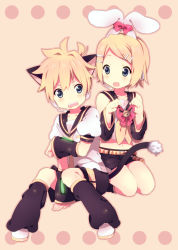Rule 34 | 1boy, 1girl, animal ears, bad id, bad pixiv id, bell, blonde hair, blue eyes, blush, bow, brother and sister, cat ears, cat tail, hair ornament, hair ribbon, hairclip, headphones, jingle bell, kagamine len, kagamine rin, kemonomimi mode, ousaka nozomi, rabbit ears, ribbon, short hair, siblings, simple background, sitting, smile, tail, twins, vocaloid