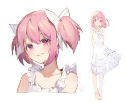 Rule 34 | 1girl, :d, arms behind back, bare arms, bare shoulders, barefoot, clothes lift, commentary, dress, flat chest, frills, full body, hair ribbon, happy, head tilt, highres, kaname madoka, looking at viewer, mahou shoujo madoka magica, mahou shoujo madoka magica (anime), multiple views, open mouth, pink eyes, pink hair, ribbon, short hair, short twintails, simple background, skirt, skirt lift, sleeveless, sleeveless dress, smile, standing, symbol-only commentary, twintails, upper body, velahka, white background, white dress, white ribbon, wind, wind lift