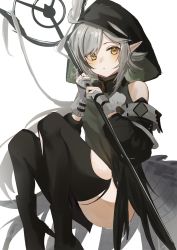 Rule 34 | 1girl, ahoge, arknights, azuazu 0405, black footwear, black sleeves, black thighhighs, blush, boots, crocodilian tail, detached sleeves, gloves, green hair, green shirt, grey gloves, grey hair, hands up, highres, holding, holding staff, hood, hood up, hooded shirt, knees up, looking at viewer, multicolored hair, partially fingerless gloves, pointy ears, shirt, short hair, simple background, sitting, sleeveless, sleeveless shirt, solo, staff, streaked hair, tail, thighhighs, thighs, tomimi (arknights), torn clothes, torn thighhighs, two-sided fabric, white background, yellow eyes