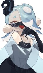Rule 34 | 1girl, absurdres, bare shoulders, black dress, black gloves, blue hair, cephalopod eyes, commentary request, dress, elbow gloves, gloves, hair over one eye, highres, long hair, mask, mask lift, mouth mask, nintendo, octoling, official alternate costume, prat rat, red eyes, see-through, see-through shawl, shawl, shiver (splatoon), simple background, solo, splatoon (series), splatoon 3, strapless, strapless dress, tentacle hair, tongue, tongue out, white background
