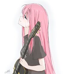 Rule 34 | 1girl, black shirt, bocchi the rock!, commentary request, core (mayomayo), crying, electric guitar, from side, gibson les paul, gotoh hitori, guitar, head back, highres, holding, holding instrument, instrument, long hair, pink hair, shirt, short sleeves, signature, simple background, solo, standing, streaming tears, tears, upper body, very long hair, white background