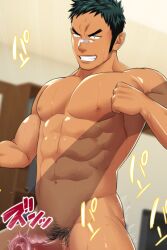 Rule 34 | 2boys, abs, anal, bara, completely nude, dark-skinned male, dark skin, erection, grin, groin, hinomaru zumou, indoors, invisible man, itto (mentaiko), kunisaki chihiro, large pectorals, leg grab, long sideburns, male focus, male penetrated, male pubic hair, motion lines, multiple boys, muscular, muscular male, navel, nipples, nose tape, nude, pectorals, pubic hair, sex, short hair, sideburns, smile, solo focus, spread legs, stomach, sweat, thick thighs, thighs, translation request, yaoi