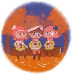 Rule 34 | animal crossing, autumn, autumn leaves, beret, coffee, eyepatch, hat, miguel crossing, nintendo, scarf, sitting on log, sitting together, villager (animal crossing)