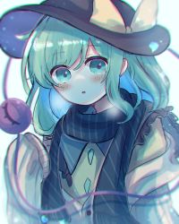 Rule 34 | 1girl, absurdres, black hat, black scarf, blouse, blush, bow, brown jacket, buttons, collar, collared shirt, crystal, dorowa (drawerslove), eyes visible through hair, frills, green eyes, green hair, hair between eyes, hand up, hat, hat bow, highres, jacket, jewelry, komeiji koishi, looking at viewer, open clothes, open jacket, open mouth, scarf, shirt, short hair, simple background, solo, striped clothes, striped scarf, third eye, touhou, upper body, white background, yellow bow, yellow shirt