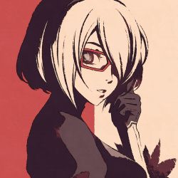 Rule 34 | black dress, black gloves, bob cut, dress, from side, glasses, gloves, hair over one eye, hand on own head, looking back, looking to the side, mole, mole under mouth, monochrome, moshimoshibe, nier:automata, nier (series), parted lips, red-framed eyewear, red background, short hair, swept bangs, white background, white hair, 2b (nier:automata)