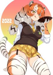 Rule 34 | 1girl, 2022, :q, animal ear fluff, animal ears, animal print, arms behind back, black hair, blush, bow, breasts, chinese zodiac, collared shirt, colored inner hair, cup, drink, dutch angle, garter straps, gloves, grey hair, hair between eyes, hair bow, hand up, highres, holding, holding cup, japari symbol, kamuraaa 615, kemono friends, kneeling, licking, long hair, looking at viewer, low-tied long hair, medium breasts, microskirt, multicolored hair, necktie, orange hair, panties, pantyshot, plaid, plaid bow, plaid necktie, plaid skirt, pleated skirt, print gloves, print thighhighs, sakazuki, shirt, siberian tiger (kemono friends), skirt, smile, solo, sweater vest, tail, thighhighs, tiger ears, tiger girl, tiger print, tiger tail, tongue, tongue out, twintails, underwear, white panties, white shirt, wing collar, year of the tiger, yellow eyes, yellow necktie, yellow skirt