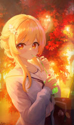 Rule 34 | 1girl, absurdres, alternate costume, artist name, autumn, autumn leaves, bag, blonde hair, commentary request, contemporary, cup, drinking, drinking straw, flower, genshin impact, hair flower, hair ornament, highres, holding, holding cup, leaf, long sleeves, looking at viewer, lumine (genshin impact), maple leaf, medium hair, orange eyes, pistachiocream, sailor collar, school uniform, serafuku, solo, sunset, white sailor collar