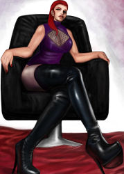 Rule 34 | 1990s (style), 1girl, armchair, bare shoulders, black footwear, boots, breasts, chair, cleavage, cleavage cutout, clothing cutout, crossed legs, female focus, fishnets, goldie musou, gradient background, grey thighhighs, gunsmith cats, hair over shoulder, high heel boots, high heels, komii, large breasts, leather, leather boots, leotard, long hair, pantyhose, red hair, retro artstyle, see-through, see-through legwear, sitting, sleeveless, solo, thigh boots, thighhighs