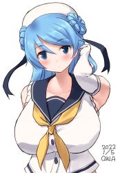 Rule 34 | 1girl, artist name, blue eyes, blue hair, blue sailor collar, breasts, collarbone, dated, double bun, elbow gloves, gloves, hair bun, hat, highres, kantai collection, large breasts, looking at viewer, neckerchief, one-hour drawing challenge, owa (ishtail), sailor collar, sailor hat, school uniform, serafuku, shirt, simple background, sleeves rolled up, solo, upper body, urakaze (kancolle), white background, white gloves, white hat, white shirt, yellow neckerchief