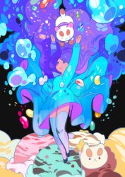 Rule 34 | 1girl, :&lt;, bee (bee and puppycat), bee and puppycat, black thighhighs, bow, bubble, cat, food, ice cream, long hair, maruco, puppycat, simple background, standing, thighhighs, very long hair