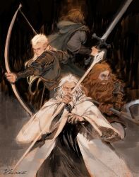 Rule 34 | 4boys, aragorn, artist name, axe, blonde hair, bow (weapon), brown gloves, brown hair, cape, from behind, gandalf, gimli, gloves, grey hair, highres, holding, holding axe, holding bow (weapon), holding staff, holding sword, holding weapon, hood, hood down, hooded cape, legolas, long hair, long sleeves, looking at viewer, male focus, medium hair, multiple boys, pointy ears, robe, staff, sword, the lord of the rings, tolkien&#039;s legendarium, tolkien's legendarium, velinxi, weapon, white robe, wide sleeves