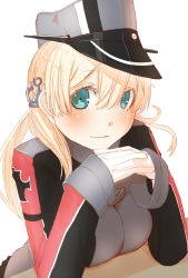 Rule 34 | 10s, 1girl, anchor hair ornament, bad id, bad pixiv id, black skirt, blonde hair, blue eyes, blush, breasts, cross, gloves, hair ornament, hat, interlocked fingers, iron cross, kantai collection, large breasts, long hair, long sleeves, looking at viewer, meth (emethmeth), military, military uniform, own hands clasped, own hands together, peaked cap, pleated skirt, prinz eugen (kancolle), simple background, skirt, smile, solo, twintails, uniform, white background, white gloves