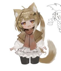 Rule 34 | 1girl, :d, absurdres, ahoge, animal ear fluff, animal ears, black pantyhose, black ribbon, blunt bangs, braid, brown eyes, brown hair, brown jacket, brown scarf, commentary request, cropped legs, dokomon, fringe trim, hair ornament, hair ribbon, hairclip, head tilt, highres, jacket, korean commentary, layered skirt, long hair, long sleeves, one side up, open mouth, original, pantyhose, pleated skirt, puffy long sleeves, puffy sleeves, ribbon, scar, scar across eye, scarf, short eyebrows, simple background, skirt, sleeves past wrists, smile, tail, teeth, thick eyebrows, upper teeth only, very long hair, white background, white skirt