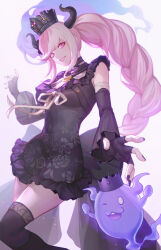 Rule 34 | 1girl, absurdres, black dress, black gloves, black horns, black nails, black thighhighs, braid, breasts, cleavage, commentary request, criss-cross halter, crown, detached sleeves, dress, dual persona, fingerless gloves, floral print, ghost, gloves, hair ornament, halterneck, highres, horns, long hair, looking at viewer, master detective archives: rain code, medium breasts, open mouth, pink eyes, pink hair, renshena, ribbon, shinigami (ghost) (rain code), shinigami (rain code), smile, solo, thighhighs, twin braids, very long hair, white ribbon