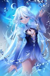 Rule 34 | 1girl, absurdres, blue dress, blue eyes, blue hair, blue nails, breasts, center opening, closed mouth, colored inner hair, cowboy shot, cowlick, crossed legs, crying, dress, drop-shaped pupils, furina (genshin impact), genshin impact, gradient dress, hand up, heterochromia, high-low skirt, highres, hydrokinesis, juliet sleeves, light blue hair, light smile, long hair, long sleeves, looking at viewer, medium breasts, multicolored hair, nail polish, nia (leafunia), puffy sleeves, sidelocks, solo, standing, streaked hair, symbol-shaped pupils, very long hair, water, wavy hair