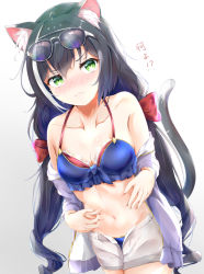 Rule 34 | 1girl, animal ear fluff, animal ears, black hair, blouse, breasts, cat ears, cat girl, cat tail, chinese text, cleavage, embarrassed, green eyes, itoyoshi tsumugi, karyl (princess connect!), karyl (summer) (princess connect!), low twintails, multicolored hair, navel, open clothes, open shirt, open shorts, pout, princess connect!, shirt, short shorts, shorts, solo, streaked hair, sunglasses, sunglasses on head, swimsuit, tail, twintails