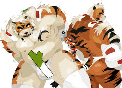 Rule 34 | 1boy, absurdres, ahoge, animal ears, arms behind back, ass, bamashengze, bara, belly, censored, fat, fat man, feet out of frame, forked eyebrows, furry, furry male, highres, hombre tigre (housamo), large pectorals, male focus, male underwear, muscular, muscular male, nipples, pectorals, see-through, strongman waist, thick eyebrows, thick thighs, thighs, tiger boy, tiger ears, tokyo houkago summoners, underwear, wet, wet clothes, wet male underwear