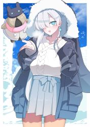 Rule 34 | 1girl, akitokage, anastasia (fate), anastasia (under the same sky) (fate), blue eyes, blue skirt, blue sky, blush, breasts, coat, collarbone, doll, earrings, fate/grand order, fate (series), fur-trimmed coat, fur trim, grey coat, hair over one eye, highres, hood, hood up, hooded coat, jewelry, large breasts, long hair, long sleeves, looking at viewer, open mouth, pleated skirt, silver hair, skirt, sky, smile, snow, sweater, thighs, white sweater