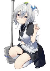 Rule 34 | 1girl, absurdres, apron, black dress, black footwear, blush, breasts, bucket, character request, closed mouth, collared dress, cowlick, dress, full body, grey hair, hand up, highres, kneehighs, leaf, leaf on head, looking at viewer, maid apron, mop, necktie, on one knee, puffy short sleeves, puffy sleeves, short hair, short sleeves, simple background, small breasts, socks, solo, syhan, virtual youtuber, white background, white socks
