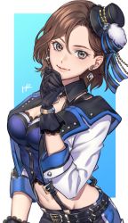 Rule 34 | 1girl, belt, belt buckle, black gloves, blue background, blue shorts, breasts, brown eyes, brown hair, buckle, cleavage, clenched hand, closed mouth, crystal earrings, earrings, gloves, hand up, hat, hr jam, idolmaster, idolmaster cinderella girls, idolmaster cinderella girls starlight stage, jacket, jewelry, lace, long sleeves, medium breasts, midriff, mizuki seira, navel, ribbon, short hair, shorts, signature, simple background, smile, solo, suspenders, top hat, wavy hair