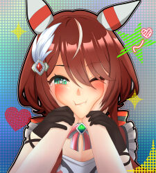 Rule 34 | 1girl, absurdres, blush, breasts, closed mouth, gloves, green eyes, guided hand on cheek, h stone514, hair between eyes, hair ornament, hand on another&#039;s cheek, hand on another&#039;s face, heart, heart-shaped pupils, highres, horse girl, looking at viewer, low twintails, pov, pov hands, red hair, ribbon, simple background, small breasts, solo, symbol-shaped pupils, twintails, umamusume, win variation (umamusume)