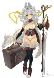 Rule 34 | 1girl, absurdres, animal ears, boots, bow, breasts, corset, croriin, detached sleeves, fang, fur trim, green eyes, highleg, highres, hip bones, holding, holding luggage, holding sword, holding weapon, large breasts, looking at viewer, luggage, mashiro (croriin), original, silver hair, simple background, skin fang, skindentation, smile, solo, standing, standing on one leg, sword, tail, thigh boots, thighhighs, weapon, white background, wolf tail