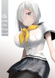 Rule 34 | 1girl, black pantyhose, blue eyes, breasts, commentary request, cowboy shot, gloves, gradient background, grey background, grey hair, grey sailor collar, grey skirt, hair ornament, hair over one eye, hairclip, hamakaze (kancolle), highres, kantai collection, kimura shiki, large breasts, neckerchief, one-hour drawing challenge, pantyhose, pleated skirt, sailor collar, short hair, simple background, skirt, solo, white background, white gloves, yellow neckerchief