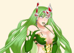 Rule 34 | 1990s (style), 1girl, ahegao, bluebullpen, breasts, cleavage, covered erect nipples, final fantasy, final fantasy iv, green hair, happy, large breasts, lipstick, long hair, makeup, masturbation, retro artstyle, rydia (ff4), saliva, smile, tongue, tongue out