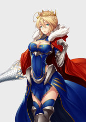 Rule 34 | 1girl, ahoge, armor, armored boots, artoria pendragon (fate), artoria pendragon (lancer) (fate), bad id, bad pixiv id, blonde hair, blue eyes, blue thighhighs, boots, braid, breasts, cape, cleavage, cleavage cutout, clothing cutout, crown, fate/grand order, fate (series), french braid, fur-trimmed cape, fur trim, gauntlets, hair between eyes, kyoeiki, lance, large breasts, polearm, red cape, rhongomyniad (fate), short hair, sidelocks, solo, swept bangs, thighhighs, weapon