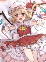 Rule 34 | 1girl, :d, arms up, ascot, bad perspective, blonde hair, blush, breasts, crystal, dot nose, embellished costume, fangs, feet out of frame, flandre scarlet, foreshortening, from above, happy, hat, highres, knees together feet apart, looking at viewer, lying, medium hair, mob cap, on back, on bed, one side up, open mouth, petite, puffy short sleeves, puffy sleeves, red skirt, red vest, short sleeves, skirt, skirt set, small breasts, smile, solo, teeth, tongue, touhou, vest, wheat retzel, wings, yellow ascot
