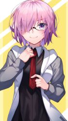 Rule 34 | 1girl, adjusting clothes, adjusting necktie, black-framed eyewear, black dress, blush, breasts, chaldea logo, closed mouth, collared dress, commentary request, dress, fate/grand order, fate (series), glasses, grey jacket, hair over one eye, herigaru (fvgyvr000), highres, hood, hood down, hooded jacket, jacket, light purple hair, long sleeves, looking at viewer, mash kyrielight, medium breasts, multicolored clothes, multicolored jacket, necktie, one eye covered, open clothes, open jacket, pocket, purple eyes, red necktie, short hair, smile, solo, two-tone jacket, upper body, white jacket