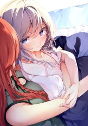 Rule 34 | 2girls, arm across chest, bare arms, blue eyes, blue skirt, braid, breasts, commentary request, crying, crying with eyes open, dress, hand on another&#039;s arm, highres, hong meiling, hug, hug from behind, izayoi sakuya, large breasts, leaning on person, light smile, long hair, looking at another, looking back, medium breasts, multiple girls, no headwear, no vest, pillow, puffy short sleeves, puffy sleeves, red hair, risui (suzu rks), shirt, short hair, short sleeves, silver hair, skirt, sleeveless, sleeveless dress, tears, touhou, twin braids, very long hair, white background, white shirt, yuri