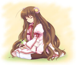 Rule 34 | 1girl, ahoge, boots, braid, brown footwear, brown hair, closed eyes, closed mouth, commentary request, dress, eyelashes, flower, frilled dress, frilled sleeves, frills, full body, fuyuichi, hair flower, hair ornament, holding, holding plant, juliet sleeves, kanbe kotori, kazamatsuri institute high school uniform, long hair, long sleeves, own hands together, pink dress, pink flower, plant, puffy sleeves, red ribbon, rewrite, ribbon, school uniform, seedling, sidelocks, simple background, sitting, smile, solo, thighhighs, twin braids, very long hair, wariza, wavy hair, white thighhighs, wide sleeves, yellow background