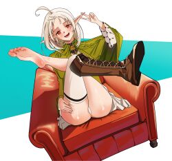 1girl armchair barefoot boots chair feet highres kaoru_puripuri light_blush looking_at_viewer medium_hair mushoku_tensei open_mouth orange_eyes panties pantyshot pointy_ears shoes single_shoe single_thighhigh soles sylphiette_(mushoku_tensei) thighhighs toes underwear v white_hair