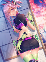 Rule 34 | 1girl, absurdres, bikini, blush, boots, breasts, cosplay, earrings, fate/grand order, fate (series), florence nightingale (fate), florence nightingale (fate) (cosplay), florence nightingale (trick or treatment) (fate), florence nightingale (trick or treatment) (fate) (cosplay), from behind, gloves, green gloves, green thighhighs, hand on own hip, highres, jewelry, large breasts, long hair, looking at viewer, looking back, miyamoto musashi (fate), official alternate costume, pink hair, purple eyes, sannio, solo, swimsuit, thigh boots, thighhighs