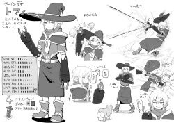 Rule 34 | 1girl, amputee, boots, character name, character sheet, clover, crack, cracked wall, cyborg, dog, elf, female focus, four-leaf clover, hat, highres, large hat, laser, looking at viewer, original, pirafumodoki, pointy ears, prosthesis, punching, robe, solo, standing, stats, witch hat