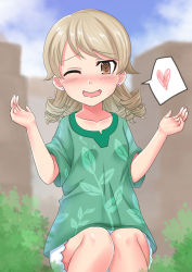 Rule 34 | 1girl, ;d, @ @, blue sky, blush, brown hair, building, bush, cloud, commentary request, day, earrings, green shirt, hands up, heart, idolmaster, idolmaster cinderella girls, jewelry, leaf print, light brown hair, long hair, momoda yasuhito, morikubo nono, one eye closed, open mouth, outdoors, print shirt, ringlets, shirt, short shorts, short sleeves, shorts, sitting, sky, smile, solo, spoken heart, sweat, wavy mouth, white shorts